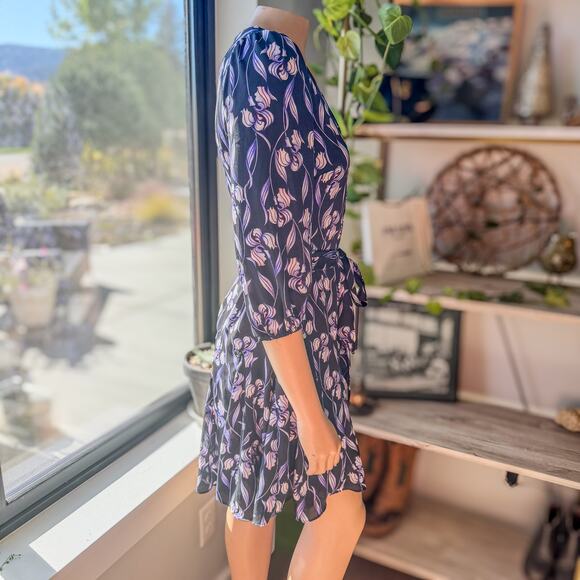 White House Black Market, Purple & Black Iris Floral Dress Tie Waist Women’s 00 - Picture 6 of 11